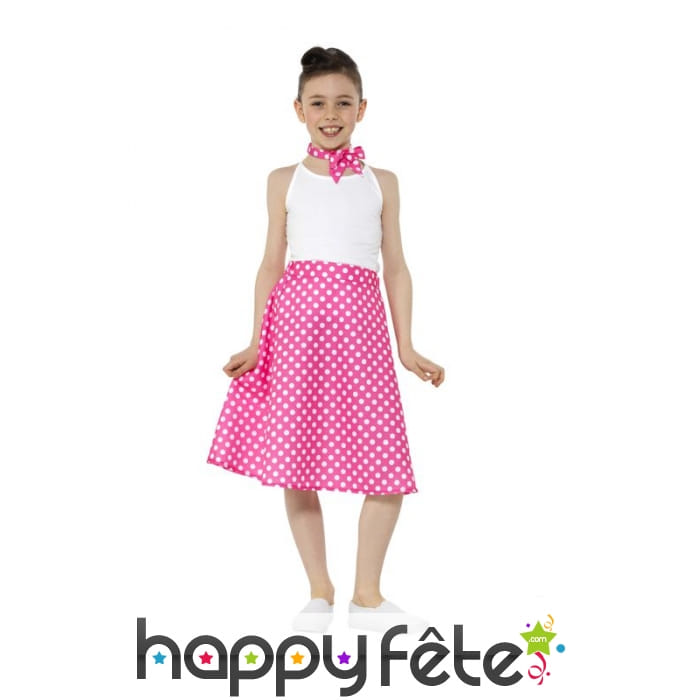 Jupe rose à pois années 50 pour enfant et foulard
