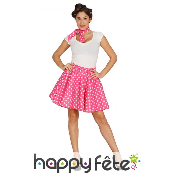 Jupe rose à pois blanc avec foulard années 50