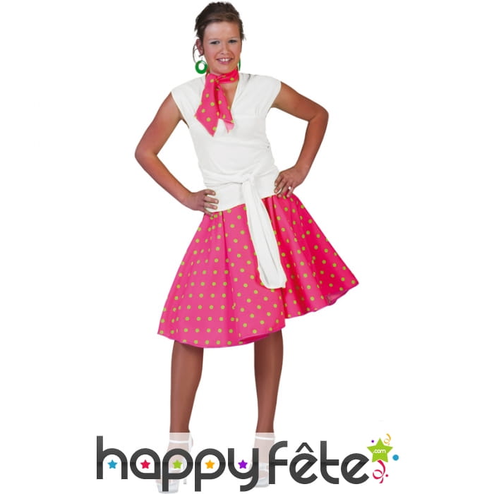 Jupe rock rose à pois verts avec foulard