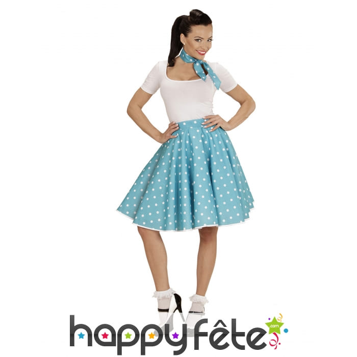 Jupe turquoise à pois avec foulard, années 50
