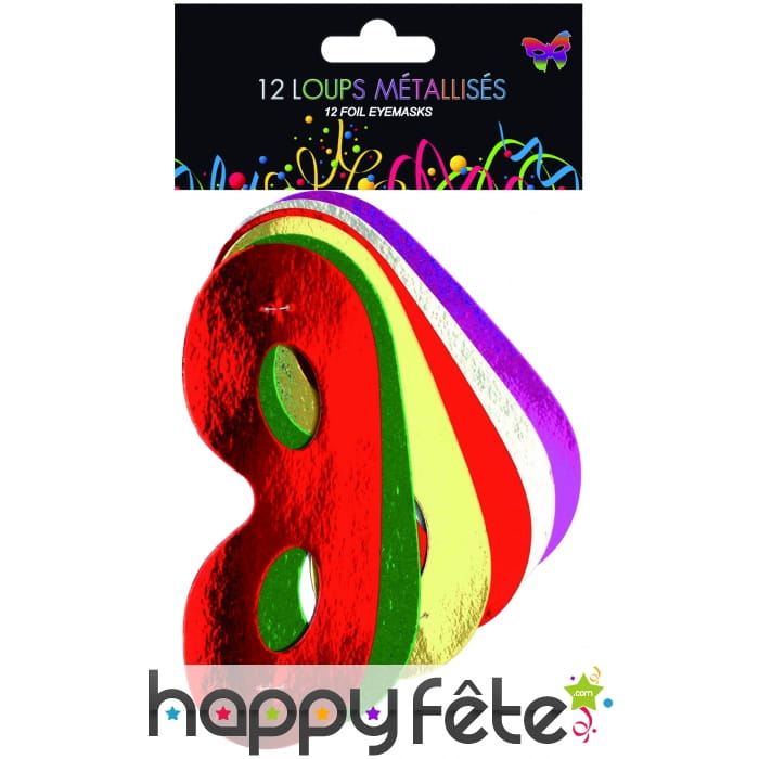 Kit de 12 loups metallisés, carton couleurs unies