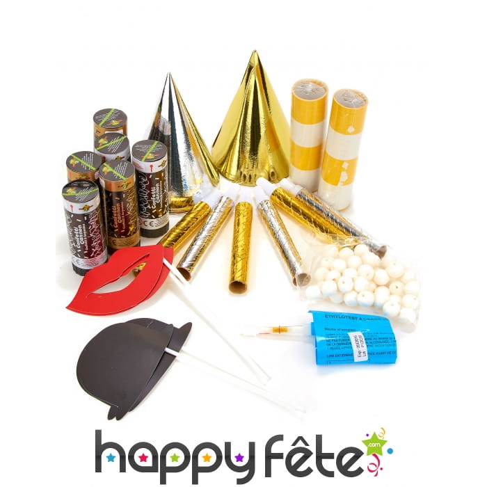 Kit de cotillons avec photobooth argent or pour 6