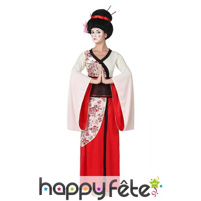 Kimono rouge blanc de geisha pour femme