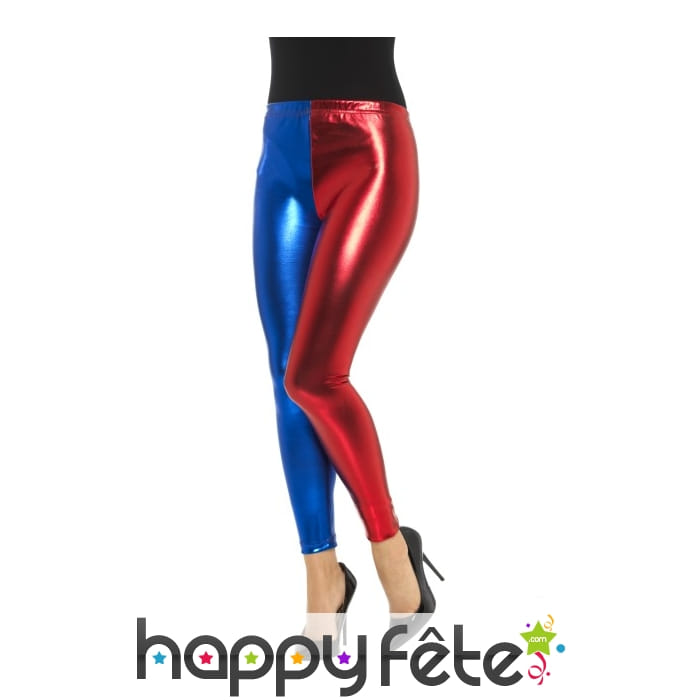 Legging arlequin bleu et rouge effet métallique