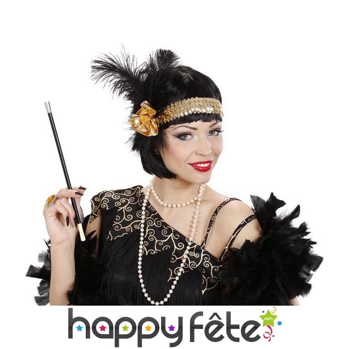 Large bandeau charleston doré et plumes noires