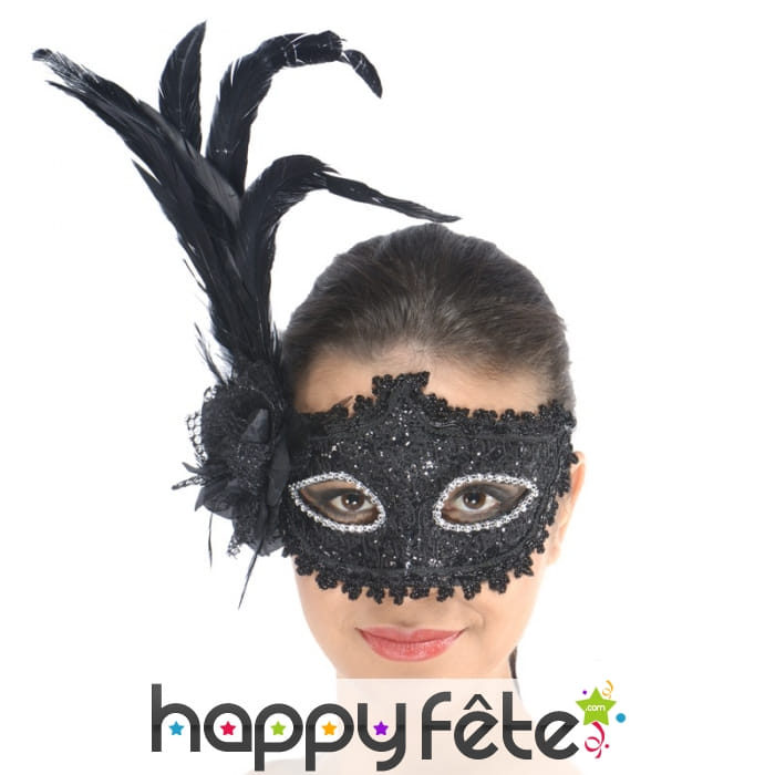 Loup baroque noir paillettes avec rose