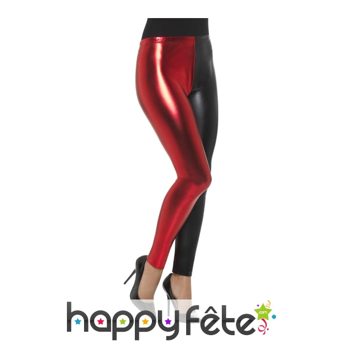 Legging bicolore rouge et noir effet métallique