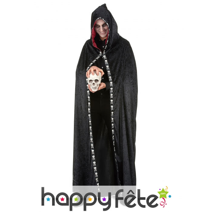 Longue cape à capuche noir liseret squelette