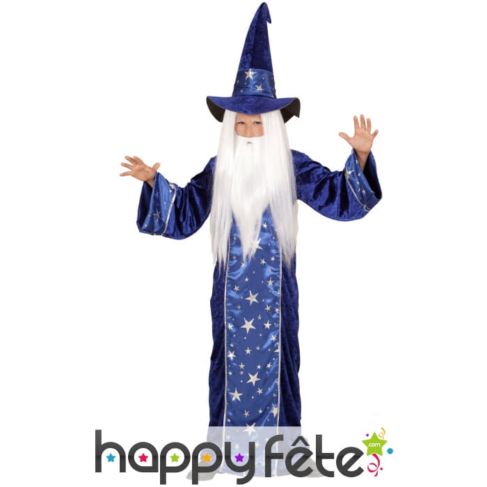 Long costume de magicien bleu étoilé pour enfant
