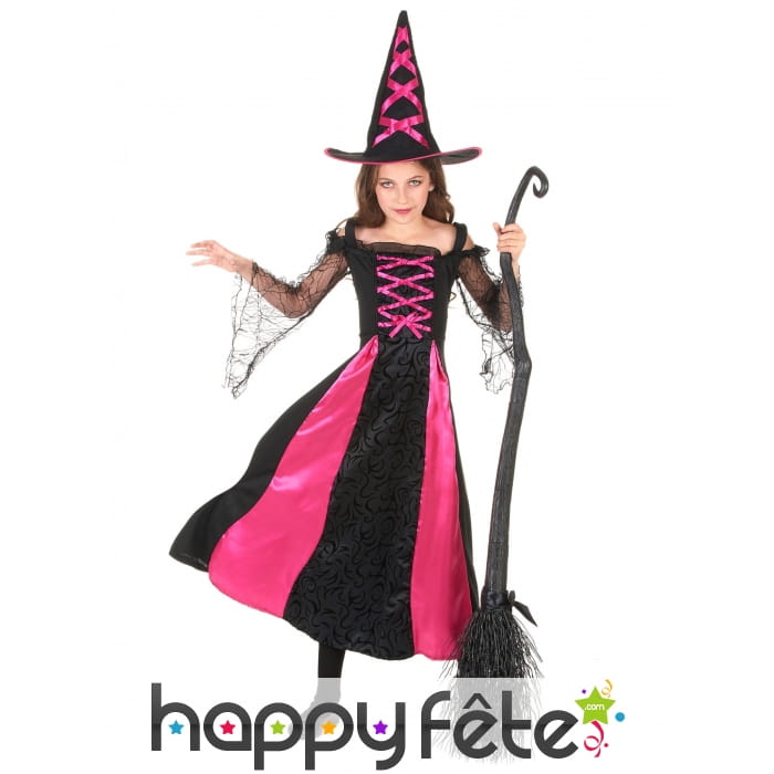Long costume de petite sorcière noir et rose