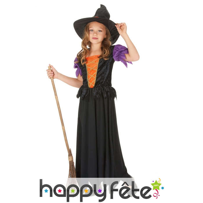 Long costume de petite sorcière noire et orange