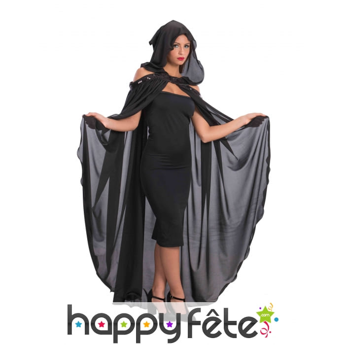 Longue cape noire satinée avec capuche femme