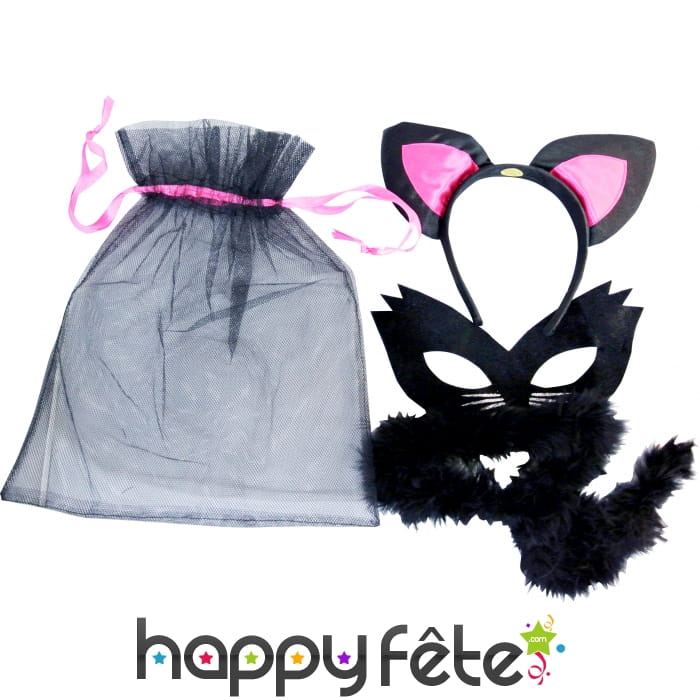 Loup chat noir avec serre tete et queue marabout