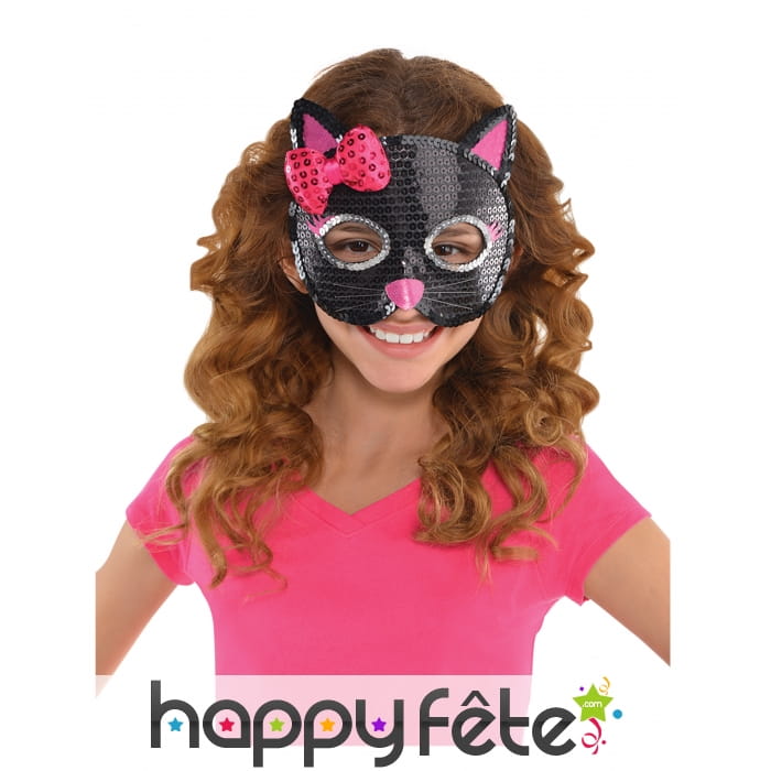 Loup chat noir en sequins avec noeud rose, enfant