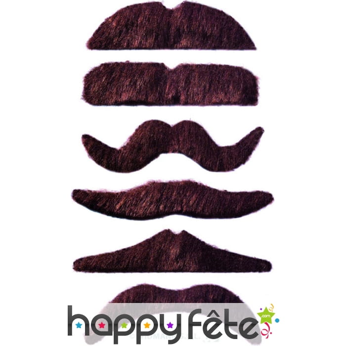 Lot de 12 moustaches chatain fonce auto-adhésives