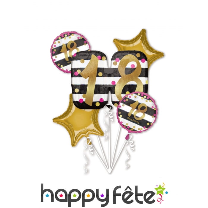 Lot de 5 ballons rayés noir et blanc chiffre 18 or