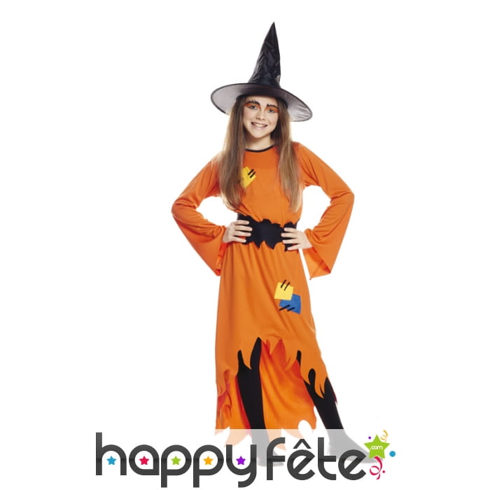 Long déguisement de sorcière orange pour fille