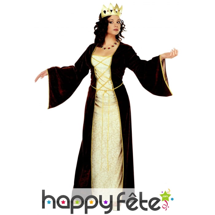 Long déguisement médiéval marron, blanc et doré