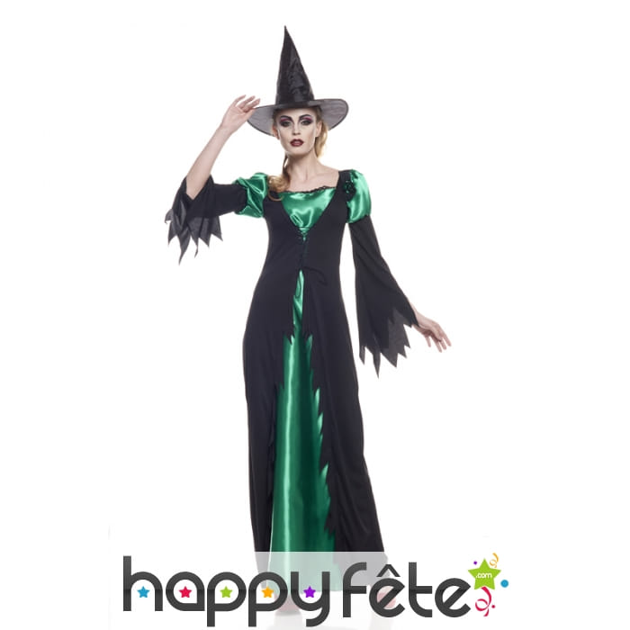 Long déguisement noir et vert de sorcière