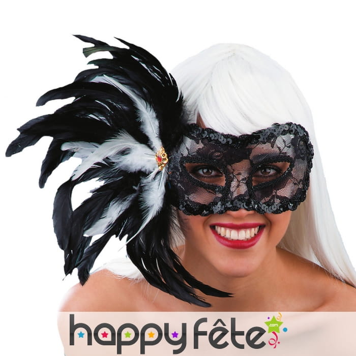 Loup en dentelle avec plumes noires et blanches