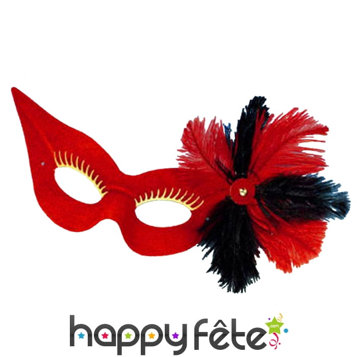 Loup en tissu rouge et noir avec plumes, adulte