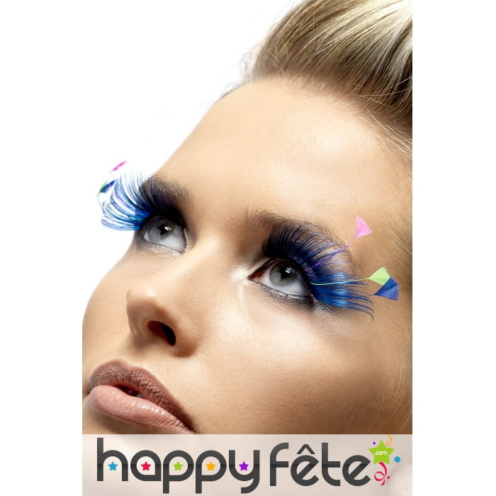 Longs faux cils bleus avec plumes colorées