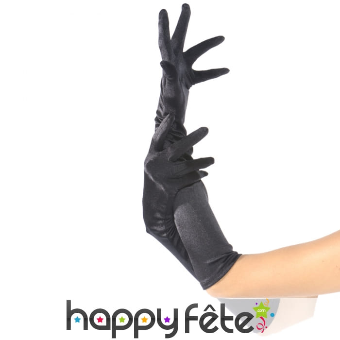 Longs gants satinés noirs élastiques, 45cm