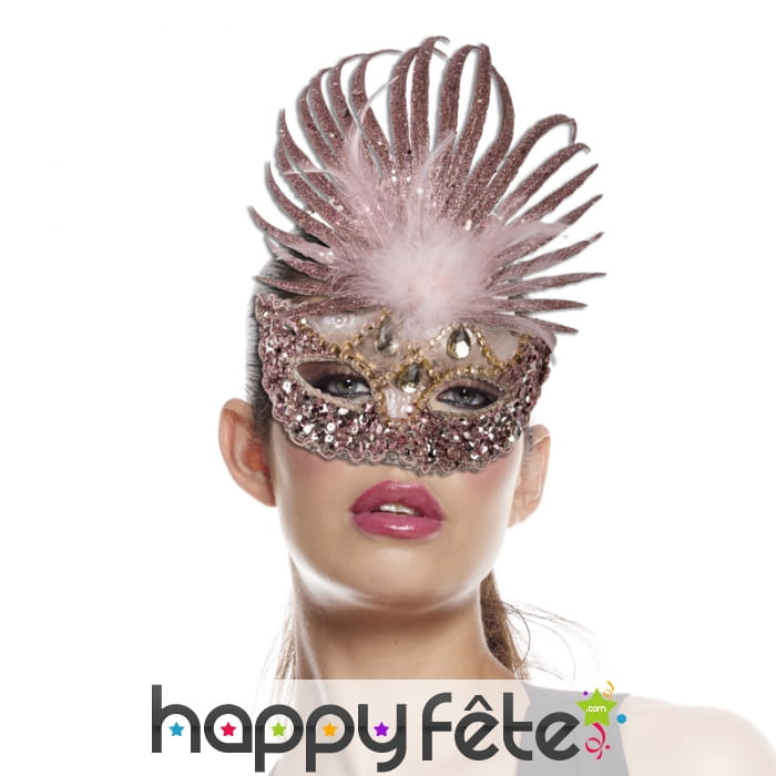 Loup haut rose paillettes et plumes