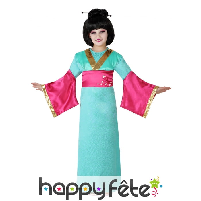 Long kimono vert rose pour fillette