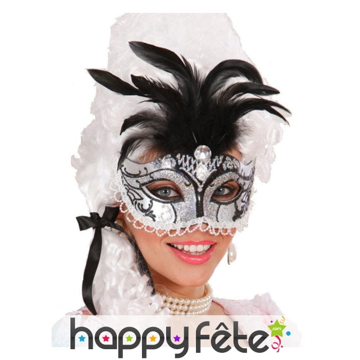 Loup noir argenté pailleté plumes noires