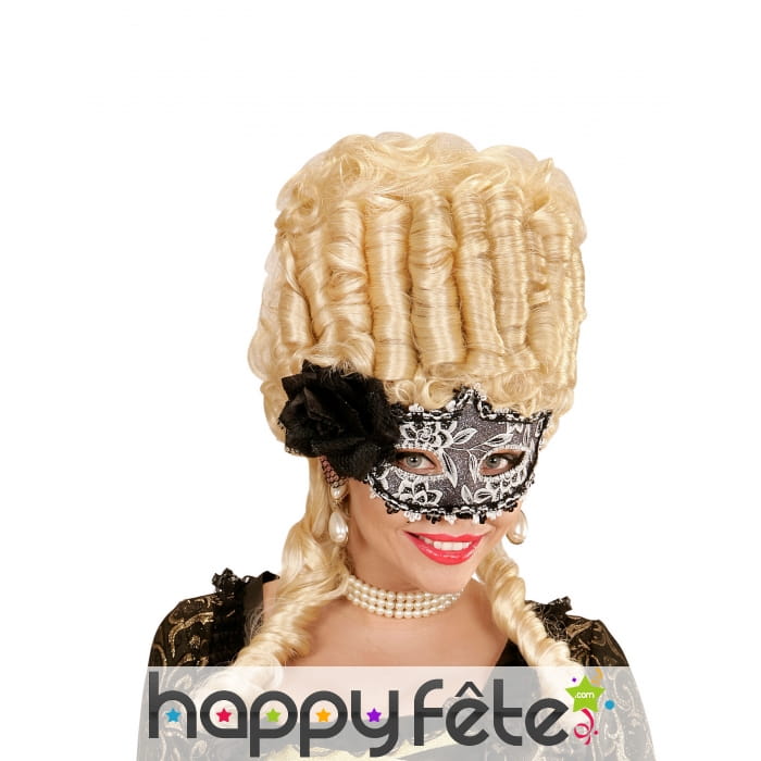 Loup noire blanc avec dentelle et fleur noire