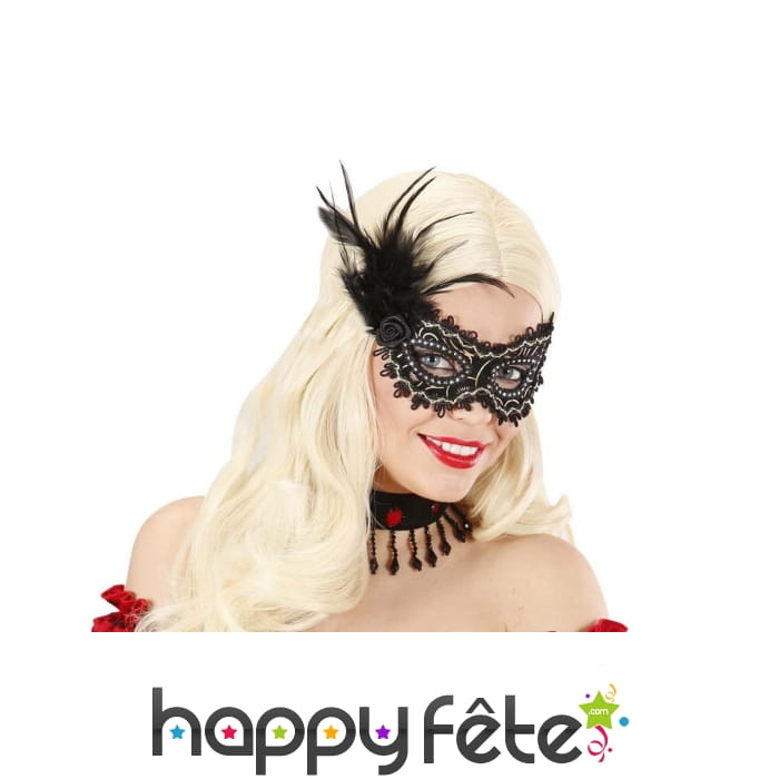 Loup noir doré avec plume et rose noire