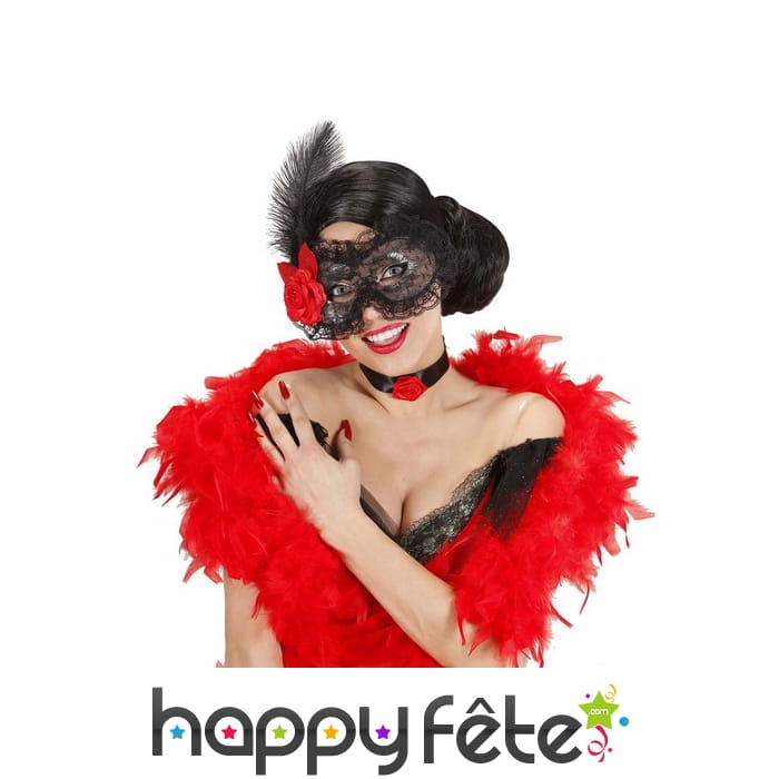 Loup noir en dentelle avec plume et rose rouge