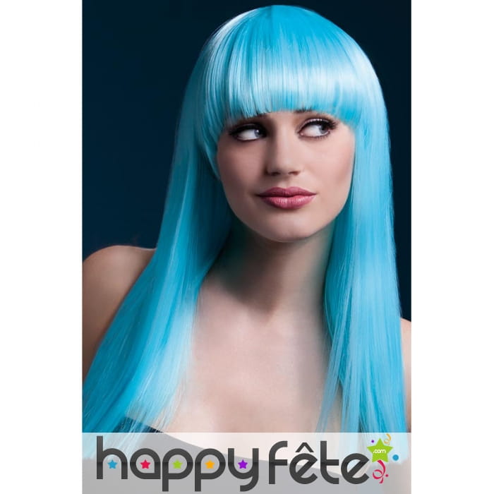Longue perruque bleu claire fluo à frange