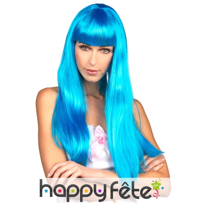 Longue perruque bleue frange lisse