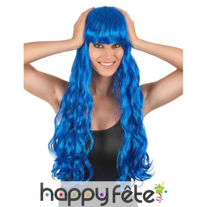 Longue perruque bleue ondulée, 70cm