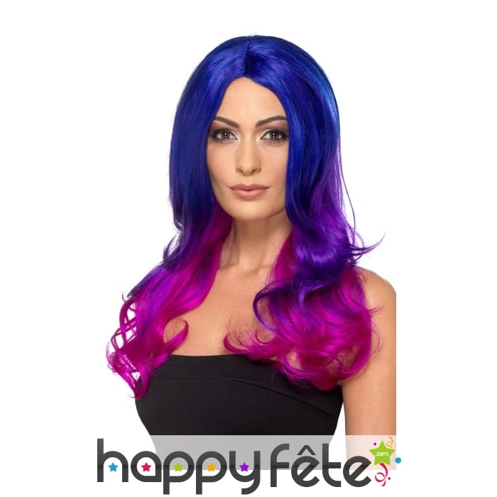 Longue perruque bleue teintes de violet, ondulée