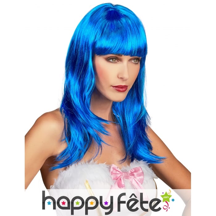 Longue perruque bleue unie à frange
