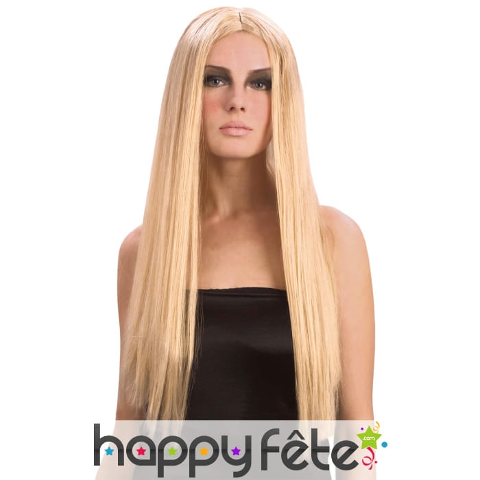 Longue perruque blonde et lisse avec raie centrale