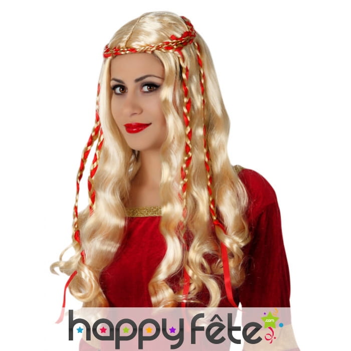 Longue perruque blonde ondulée et rubans rouges