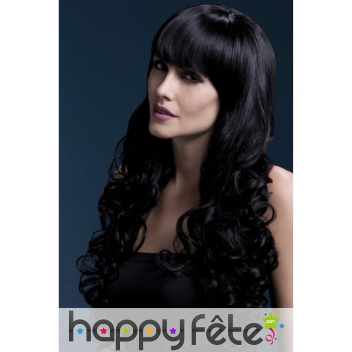 Longue Perruque bouclée noir avec frange