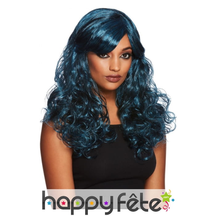 Longue perruque bouclée noir et bleu pour femme