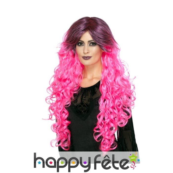 Longue perruque bouclée rose néon gothique