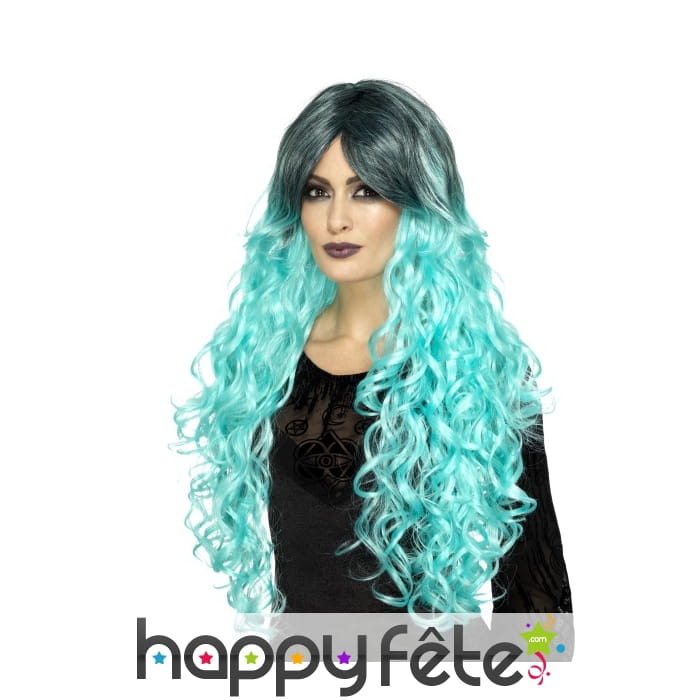 Longue perruque bouclée turquoise gothique