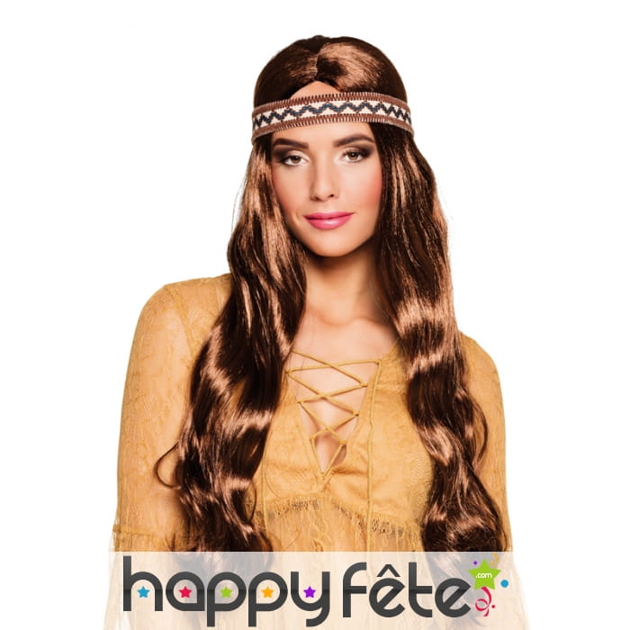 Longue perruque brune avec bandeau hippie