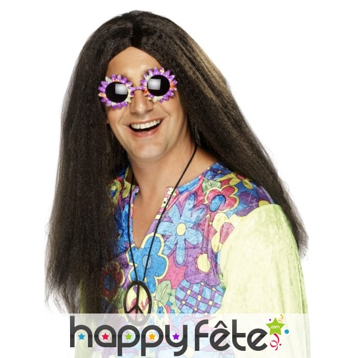 Longue perruque brune hippie pour homme