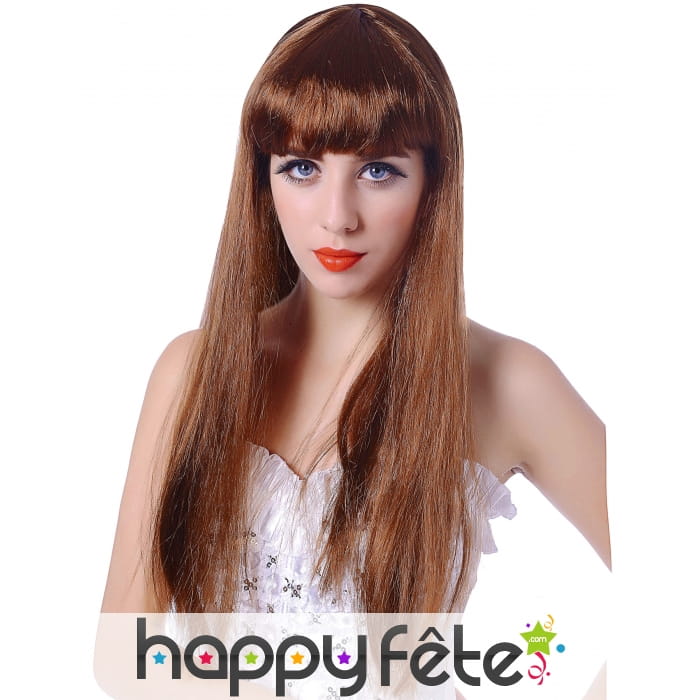 Longue perruque chatain lisse à frange