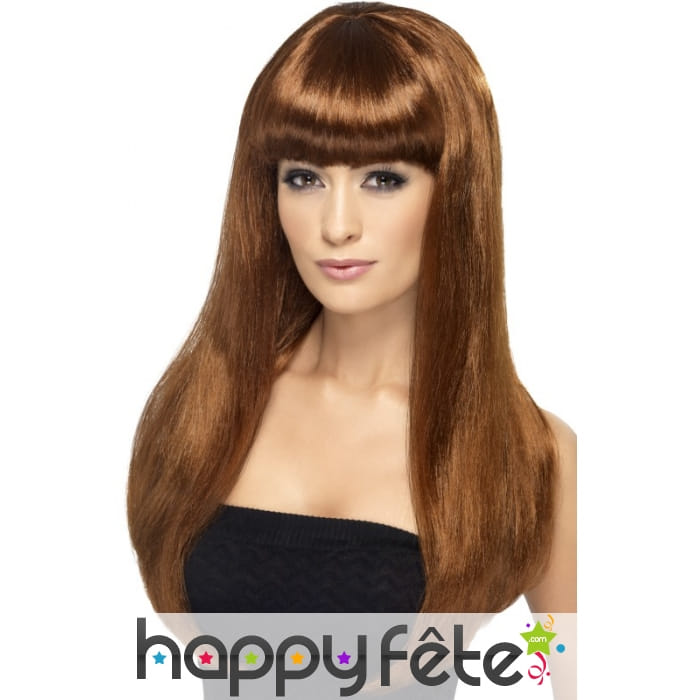 Longue perruque chatain lisse avec frange