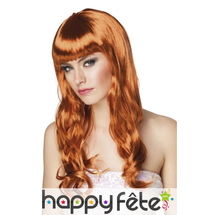 Longue perruque cuivrée ondulée avec frange