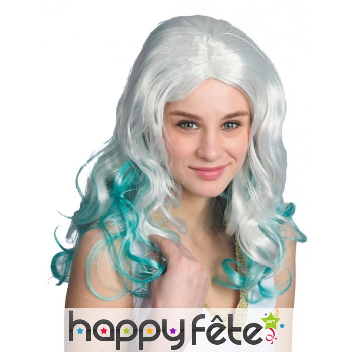 Longue perruque de sirène avec mèches vertes